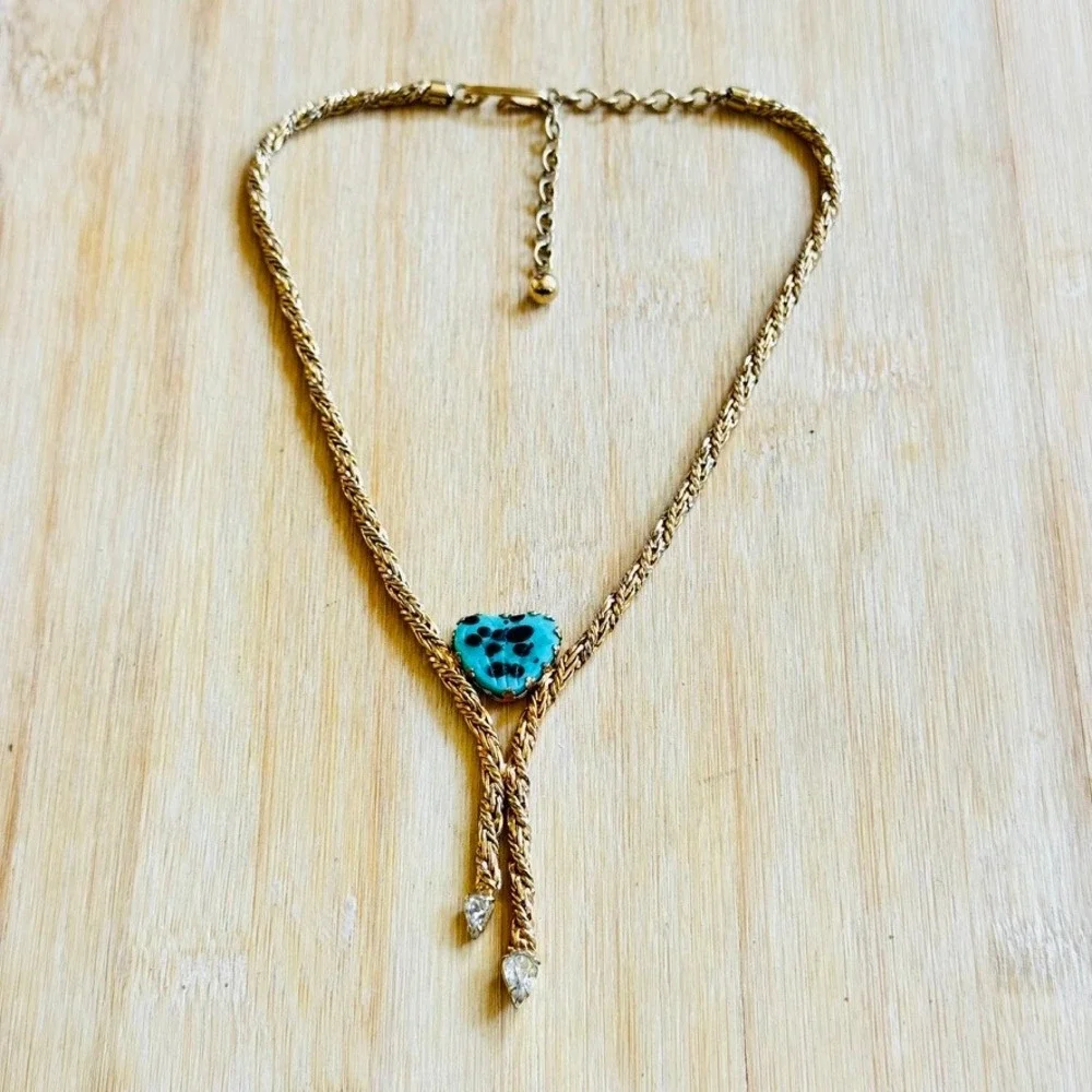 VTG Volupte Heart Necklace VTG Turquoise Glass Statement Rope Gold Whimsical 16